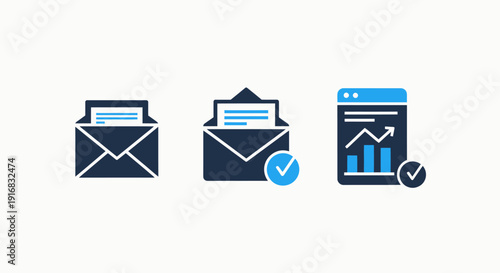 Email Communication, Message Delivery Success, and Digital Analytics Reporting Icons for Business, Marketing, and Data Management