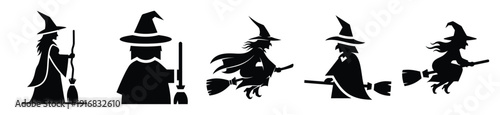 Collection of Happy Halloween witch  simple silhouette icon set. Vector illustration on white background.
