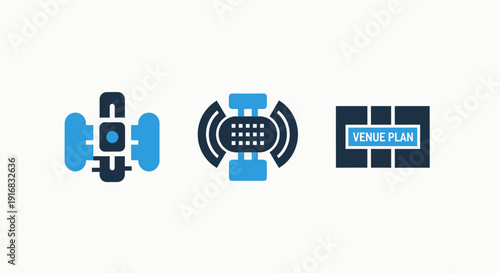 Satellite Communication and Venue Planning Icons: Featuring Advanced Network Devices and a Venue Plan Diagram for Event Organization and Infrastructure Layout