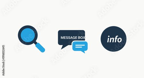Information Search, Messaging, and Support Icons: Depicting Magnifying Glass for Inquiry, Message Box for Communication, and Info Symbol for Digital Assistance