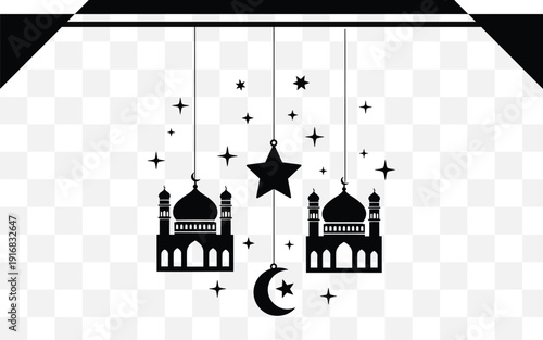 Black silhouette of mosque on transparent background isolated on transparent background with crescent moon and stars