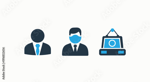 Business and Public Health Awareness Icons: Featuring Professional Individuals, a Masked Businessman for Safety, and a Digital Display for Corporate Communication