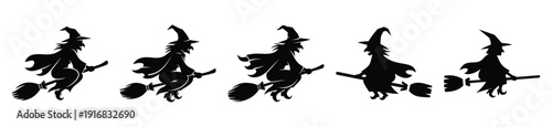 Collection of Happy Halloween witch and broom silhouette icon set. Vector illustration on white background.