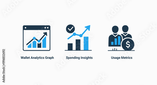 Digital Wallet Analytics, Spending Insights, and Usage Metrics Graph Icons for Financial Data Visualization and Budget Management