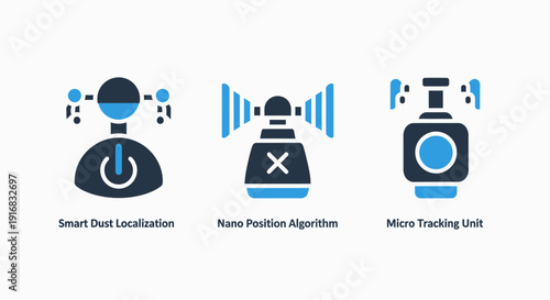 Futuristic Smart Dust Localization, Nano Position Algorithm, and Micro Tracking Unit Technology Icons for IoT and Surveillance Systems