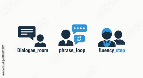 Communication and dialogue icons illustrating conversation, language refresh, and group interaction, perfect for messaging apps, e-learning, and collaborative platforms.
