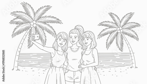 Group of friends taking selfie on tropical beach with palm trees.