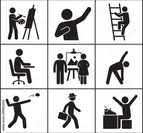 Creative people activity silhouette set, painting climbing exercising working celebrating diverse daily life icons