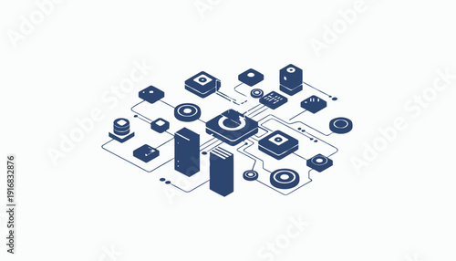 Isometric illustration of interconnected technology components and data flow.