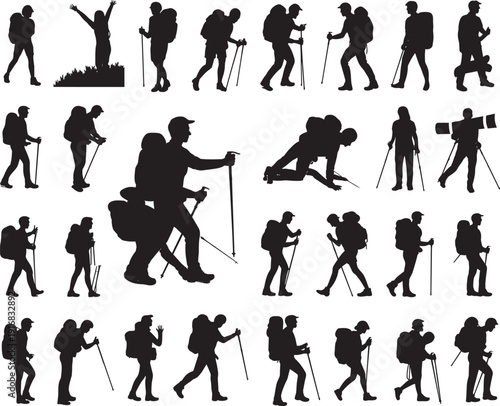 Collection of silhouettes of hikers with backpacks and trekking poles