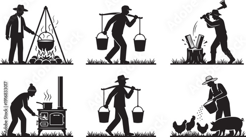 Farmer rural activities silhouette collection, cooking carrying water chopping wood feeding livestock traditional village lifestyle