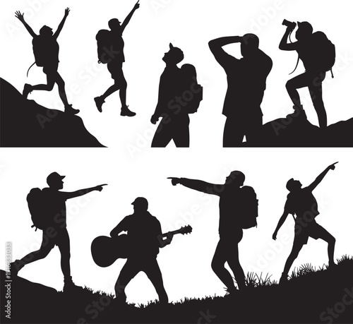 Collection of silhouettes of hikers and backpackers in various active poses