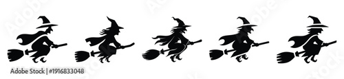 Collection of Happy Halloween witch flying on silhouette icon set. Vector illustration on white background.