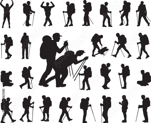 Silhouettes of hikers with backpacks and trekking poles in various poses