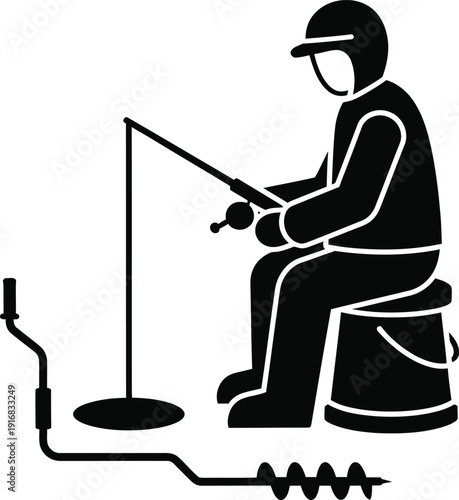 Silhouette Person Ice Fishing Using Auger Drill On Frozen Water