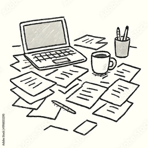 Messy desk with laptop, papers, and coffee cup, representing hard work, busy workflow, and deadlines.