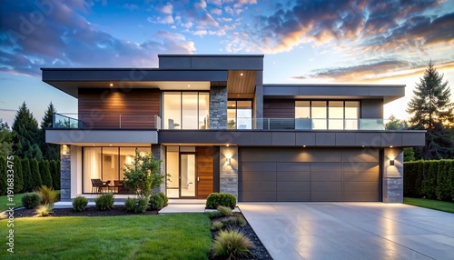 Modern Luxury Home Exterior Design with Dramatic Sunset Lighting and Pristine Landscaping