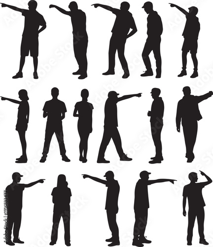 Collection of silhouettes of people pointing in various directions