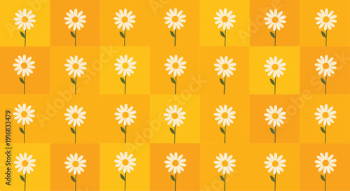 Vibrant pattern of white daisies with green stems arranged in a yellow and orange checkerboard grid for a retro floral look.