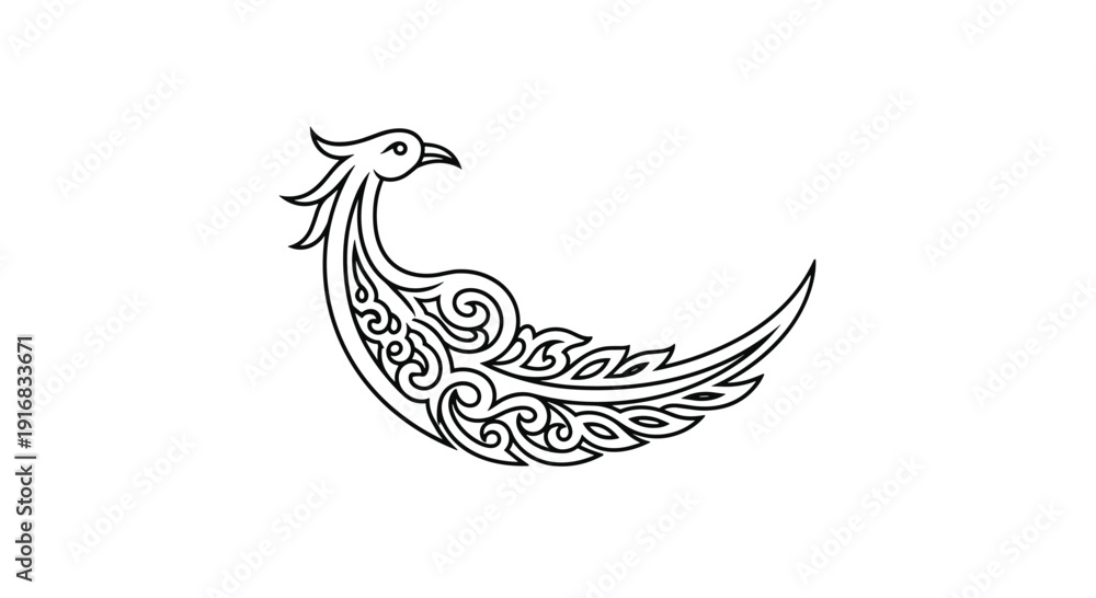 Fototapeta premium Decorative black and white illustration of a peacock head and neck with intricate traditional scroll and swirl patterns for cultural design.