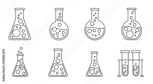 Collection of eight different laboratory glassware icons including flasks and test tubes with bubbles, illustrated in a clean black line art style.