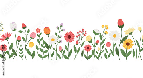 Colorful horizontal border of various meadow flowers including daisies, sunflowers, and tulips on green stems for a spring or summer garden theme.