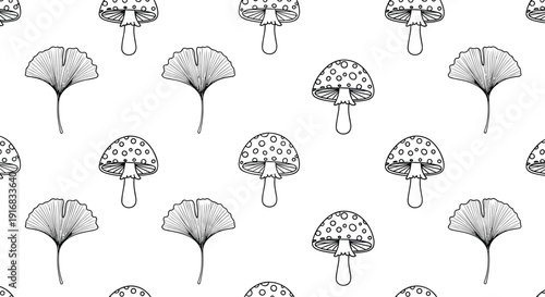 Black and white seamless pattern featuring dotted mushrooms and ginkgo leaves in a classic hand-drawn sketch style for nature-themed designs.