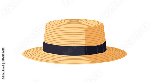 Classic straw boater hat with a flat top and a wide black ribbon band, shown in a simple flat illustration style on a plain white background.