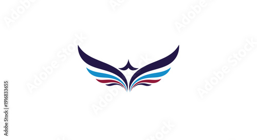 Symmetrical abstract wing logo design featuring multi-colored layers in blue, purple, and red, creating a sense of flight and freedom for branding.