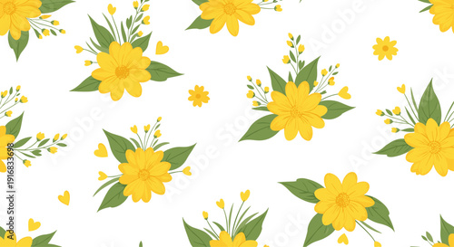 Seamless floral pattern with clusters of bright yellow flowers and green leaves on a white background with hearts.