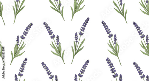 Seamless pattern of lavender sprigs with purple flowers and green leaves arranged in a repeating grid on white.