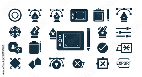 Electronics and communication solid icon set with devices, control buttons, media functions, telephone symbols, and export interface elements