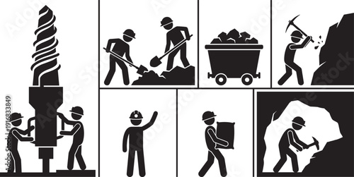 Mining workers silhouette collection, coal extraction drilling transporting underground industry labor vector set