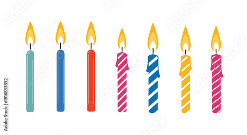 Set of seven colorful birthday candles some solid colored and some with white stripes with burning flames.