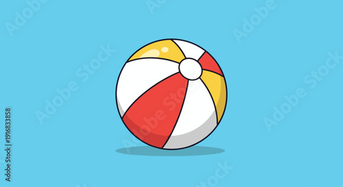 Classic inflatable beach ball with red yellow and white segments on a bright blue background with shadow.