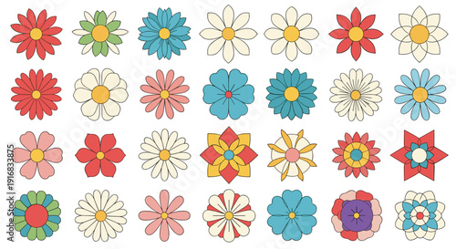Collection of twenty four different simple flat flower icons in various shapes and colors including red and blue.