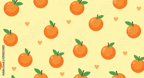 Seamless pattern of bright orange citrus fruits with green leaves and small hearts on a soft yellow background.