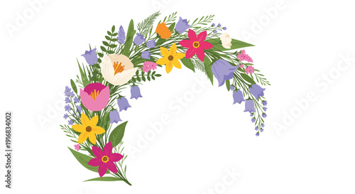 Vibrant semi circular flower wreath features a mix of colorful spring blooms like tulips and bellflowers for festive and floral decorations.