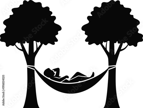 Silhouette Person relaxing in a hammock between two large trees outdoors