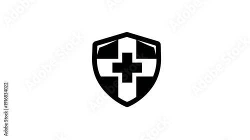 A stylized shield comprised of black and white shapes featuring a centered, bold cross
