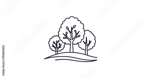 Simple minimalist line drawing depicts a cluster of three different trees standing on a gentle hill for nature and environment logos or art.