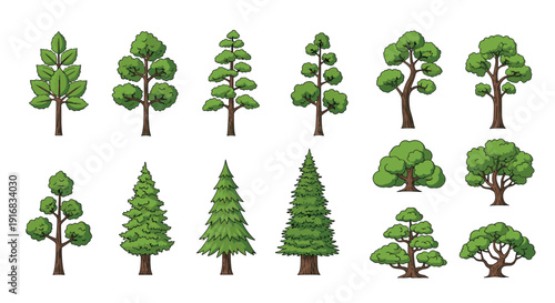 Creative collection of stylized trees in different shapes and shades of green features a unique retro or game inspired aesthetic for digital art.