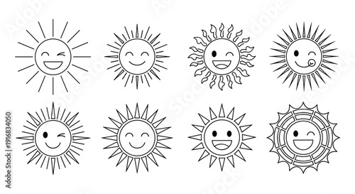 Diverse collection of eight different sun icons features various smiling facial expressions and creative ray designs in clean black and white lines.
