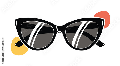 Stylish black cat eye sunglasses shown with abstract orange and yellow shapes for a retro summer fashion concept.
