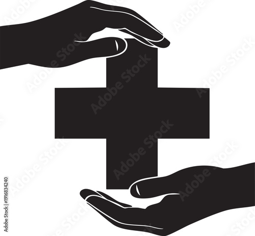 Illustration of black silhouette of hands holding a cross