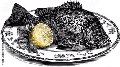 A grayscale illustration of a cooked fish with a lemon slice on a floral patterned plate