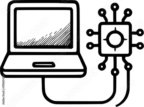 Doodle Illustration of Laptop Connected to Microchip or CPU - Technology Integration Concept