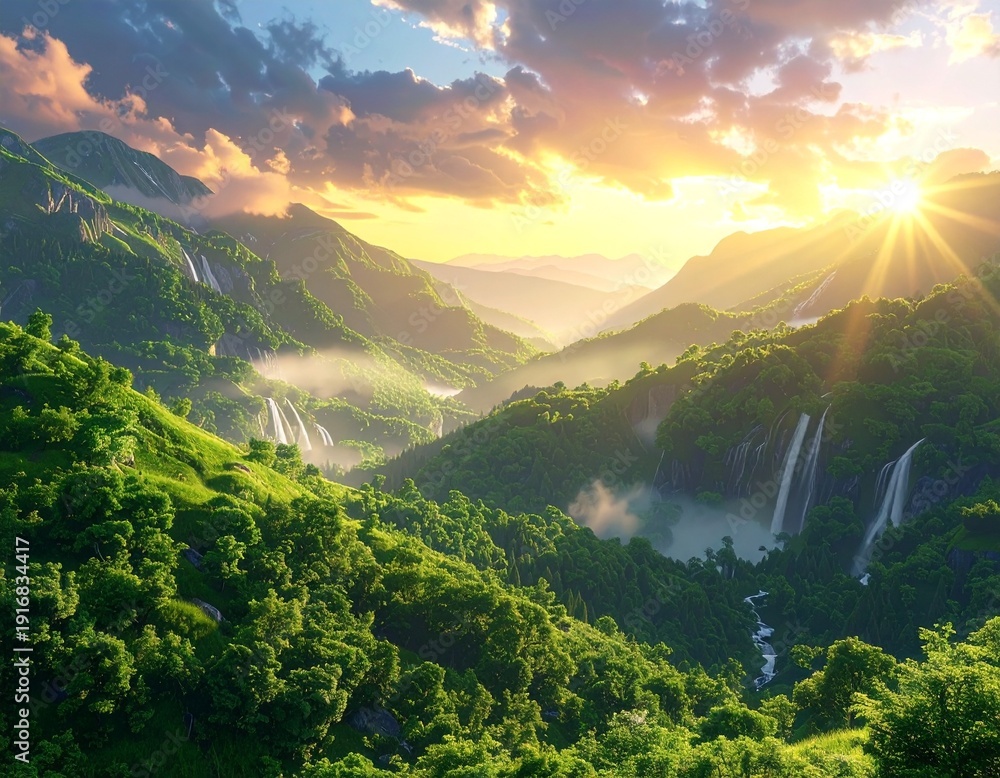 Obraz premium Golden Sunrise Over Vast Mountain Valley with Waterfalls and Mist