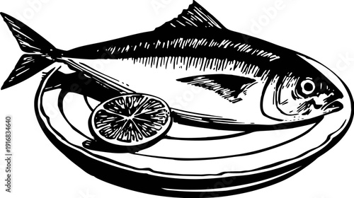 A monochrome illustration of a cooked fish with a lemon slice, served on a plate