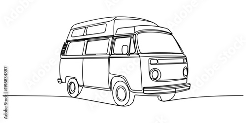 campervan retro vehicle for road trip or vacation and leisure transport continuous one line drawing, Classic retro minibus vector illustration, vintage camper van line art icon for travel and summer.